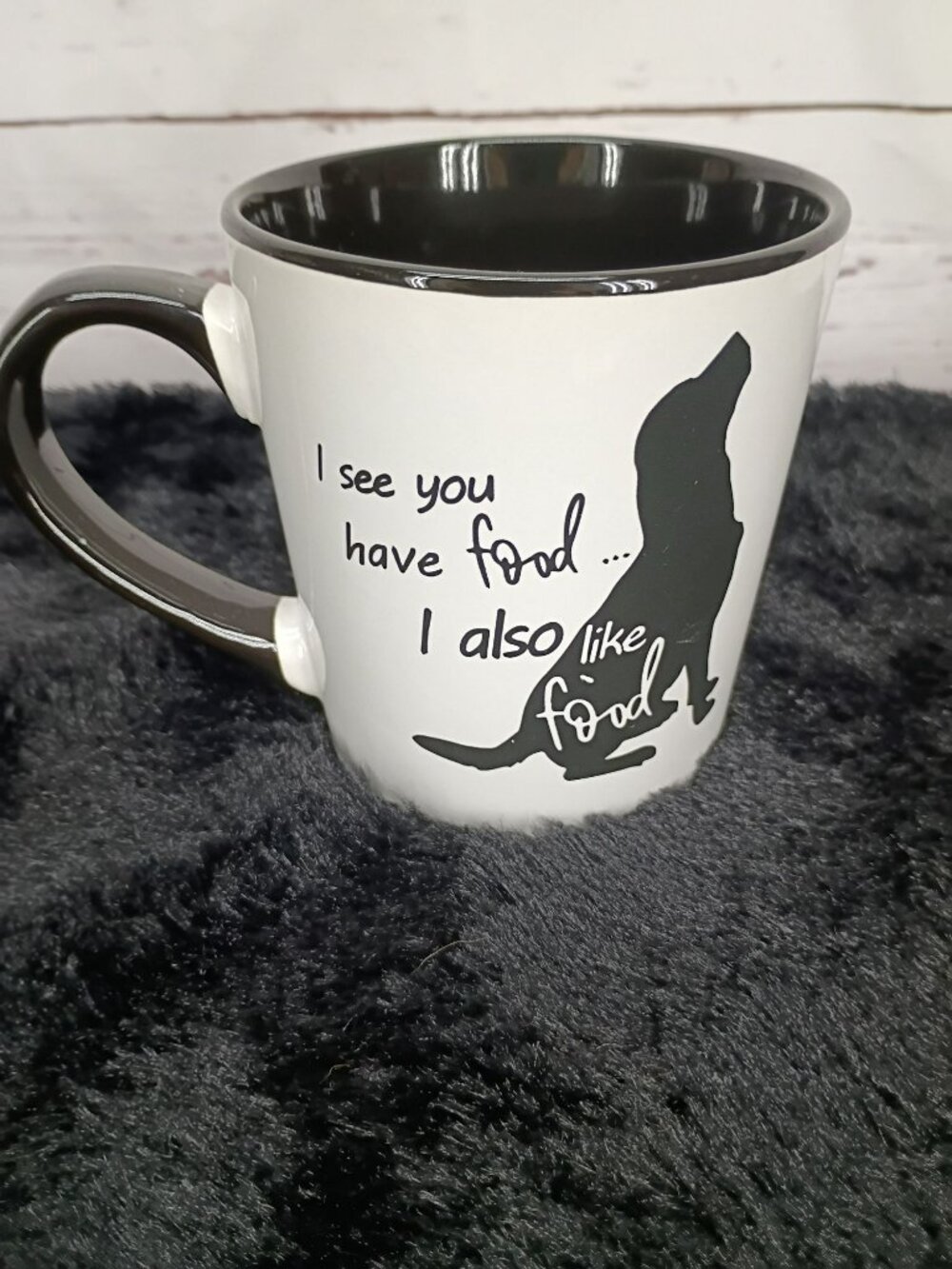 Funny Dog-Themed Ceramic Coffee Mug With Silhouette & Food Quote